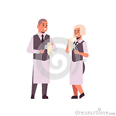 Professional waiters couple polishing wine glasses with towel man woman restaurant workers in uniform flat full length Vector Illustration