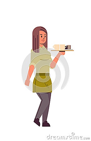 Professional waitress holding coffee and cake on tray woman restaurant worker in apron serving food concept flat full Vector Illustration