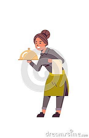 Professional waitress holding dish woman restaurant worker in uniform with tray and towel food serving concept flat full Vector Illustration