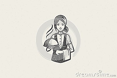 Professional waitress holding tray silhouette with hot food covered with cloche Vector Illustration