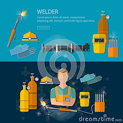 Professional welder banners welding tools and equipment vector Vector Illustration
