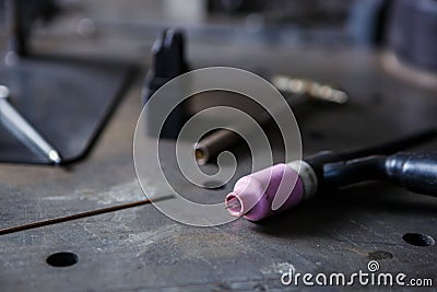 Professional welder workshop in industrial factory Stock Photo