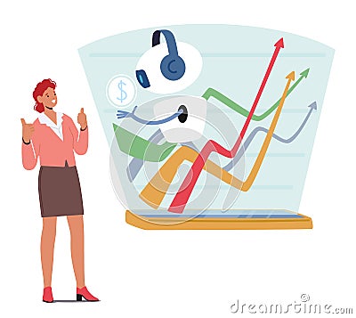 Professional Woman Integrates An Ai Assistant Into Her Business Routine, Streamlining Tasks, Enhancing Productivity Vector Illustration