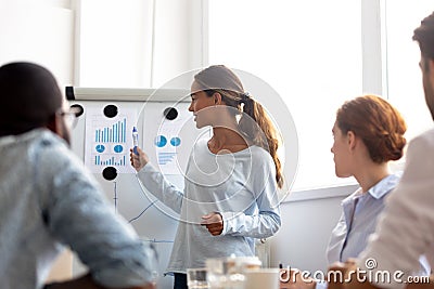 Professional woman presenter give business presentation at office conference meeting Stock Photo