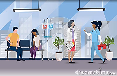 Professional women doctors with sick patients Vector Illustration