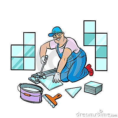 Professional worker laying tile, repair work Vector Illustration