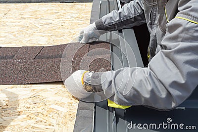 Professional worker lays asphalt tile sheet on the roof Stock Photo
