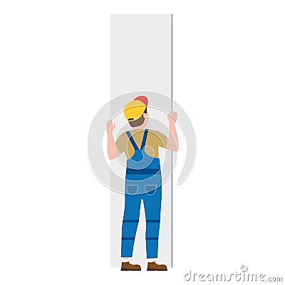 Professional worker man installing gypsum plasterboard panels. Vector illustration, isolated. Construction industry Vector Illustration
