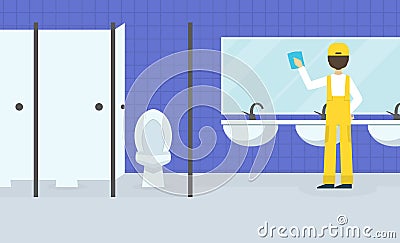 Professional Worker in Uniform Wiping Mirror in Public Toilet, Cleaning Company Staff at Work Flat Vector Illustration Vector Illustration