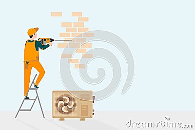 Professional worker of ventilation repair service in blue uniform stand on ladder fix or install air-conditioner on wall in office Vector Illustration