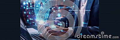 A professional works on a laptop while integrating cybersecurity measures for enhanced data protection in a tech-driven Stock Photo