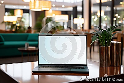 Professional workspace Laptop in hotel reception with blank copyspace screen Stock Photo