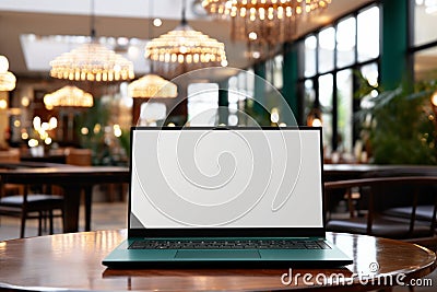 Professional workspace Laptop in hotel reception with blank copyspace screen Stock Photo