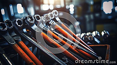 Professional Wrench Set for Mechanic Workshops in Close-Up. Generative AI Stock Photo