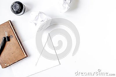 writer workplace with tools on white background top view mockup Stock Photo