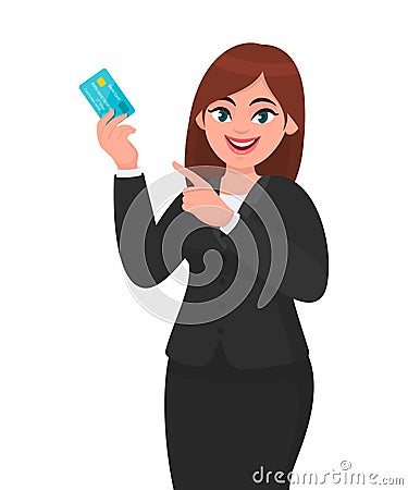 Professional young businesswoman showing/holding credit/debit/ATM banking card and pointing hand finger towards, presenting. Vector Illustration