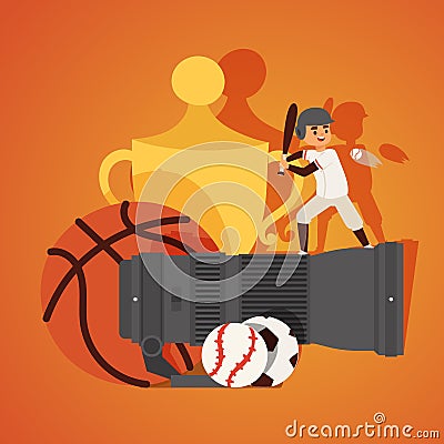 Professional zoom photo lens for camera banner vector illustration. Taking photos or videos of different kinds of sport Vector Illustration