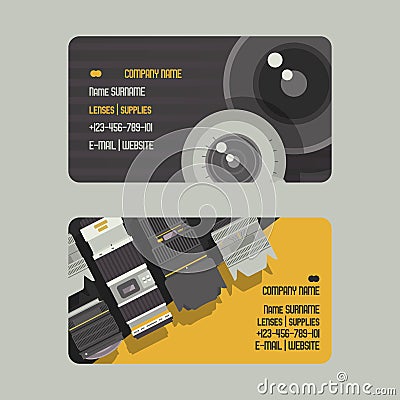 Professional zoom photo lens and supplies for camera set of business or calling cards vector illustration. Photographer Vector Illustration