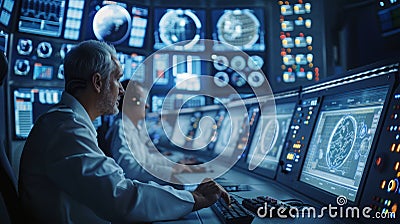 Professionals in a control room with multiple screens displaying complex data, working in a high-tech environment. Stock Photo