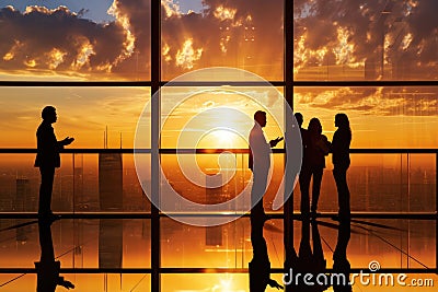 professionals in a modern office silhouetted against a sunset-filled window. Reflective floor. Mood: serious corporate Stock Photo