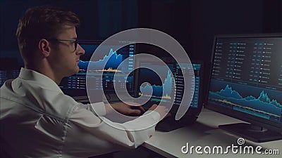 Professionnel travaillant en fonction la nuit à l'aide d'un poste de travail et d'une technologie d'analyse Bourses, monnaie cryp banque de vidéos Professionnel travaillant en fonction la nuit à l'aide d'un poste de travail et d'une technologie d'analyse Bourses, monnaie cryp banque de vidéos