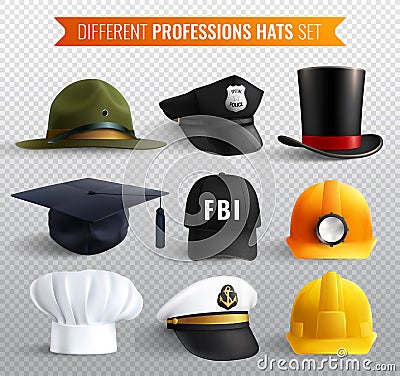 Professions Hats Transparent Set Vector Illustration