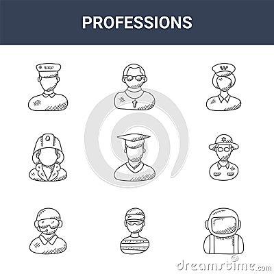 9 professions icons pack. trendy professions icons on white background. thin outline line icons such as astronaut, farmer, priest Vector Illustration