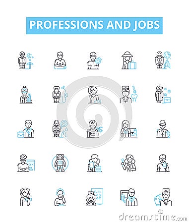 Professions and jobs vector line icons set. Carpenter, Plumber, Mechanic, Teacher, Scientist, Pilot, Chef illustration Vector Illustration