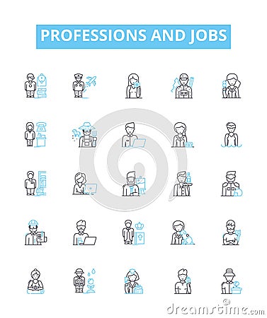 Professions and jobs vector line icons set. Carpenter, Plumber, Mechanic, Teacher, Scientist, Pilot, Chef illustration Vector Illustration