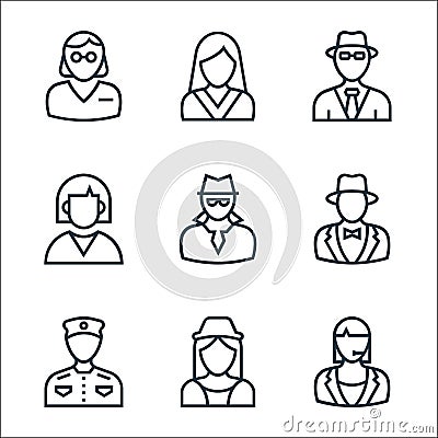professions line icons. linear set. quality vector line set such as call agent, stewardess, bellboy, magician, spy, employee, spy Vector Illustration