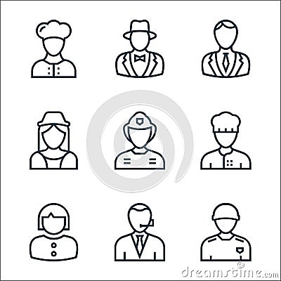 Professions line icons. linear set. quality vector line set such as courier, student, baker, firefighter, stewardess, lawyer, Vector Illustration