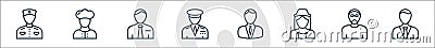 Professions line icons. linear set. quality vector line set such as employee, robber, stewardess, manager, captain, manager, chef Vector Illustration