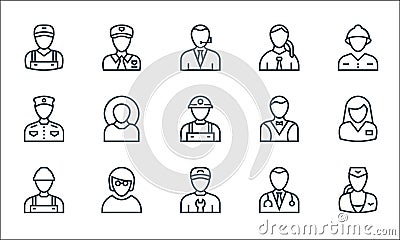 Professions line icons. linear set. quality vector line set such as stewardess, mechanic, laborer, doctor, employee, bellboy, Vector Illustration