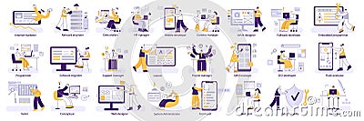 IT professions. Programmers and designers, engineers and managers, front and back end developers. Different digital jobs Vector Illustration