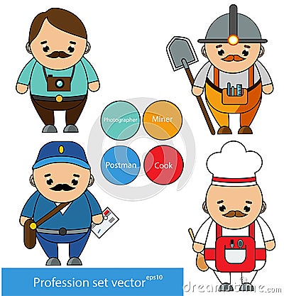 Professions set. Photographer, miner, postman, cook chef characters in cartoon style. vector illustration Vector Illustration