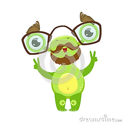 Professor Funny Monster With Beard And Glasses, Green Alien Emoji Cartoon Character Sticker Vector Illustration