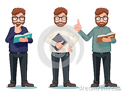 Professor intellectual rationalist education smart read book glasses cartoon characters isolated icons set vector Vector Illustration