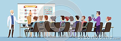 Professor lecturer. Doctor training group speech for students audience vector cartoon background Vector Illustration