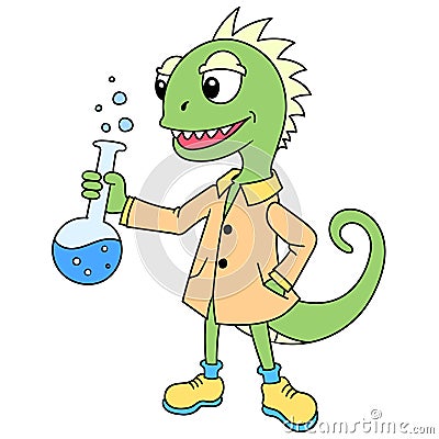 Professor Lizard is doing chemical research, doodle kawaii. doodle icon image Vector Illustration