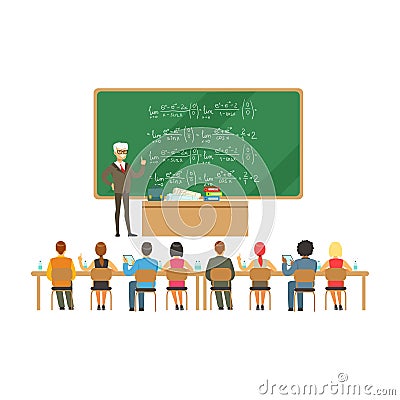 Professor near the blackboard with formulas talking to group of students during the university lecture, high school Vector Illustration