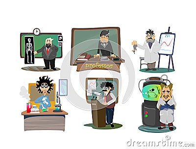 Professor near the blackboard with formulas at university lecture, teacher in class at lesson teaches students, higher Vector Illustration