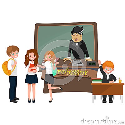 Professor and student illustration, Girl and boy with teacher in college classroom, vector campus university, education Vector Illustration