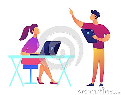 Professor with tablet pointing and student with laptop vector illustration. Vector Illustration