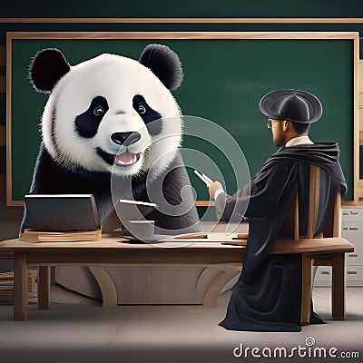 A professorial panda in academic attire, teaching in front of a small chalkboard4 Stock Photo