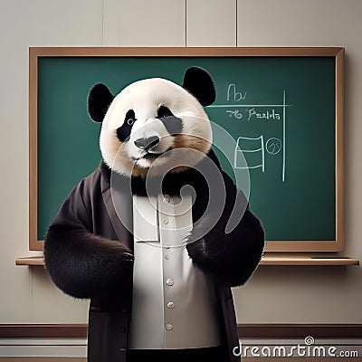 A professorial panda in academic attire, teaching in front of a small chalkboard2 Stock Photo