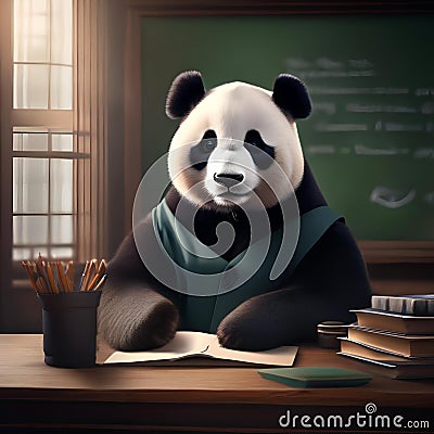A professorial panda in academic attire, teaching in front of a small chalkboard3 Stock Photo