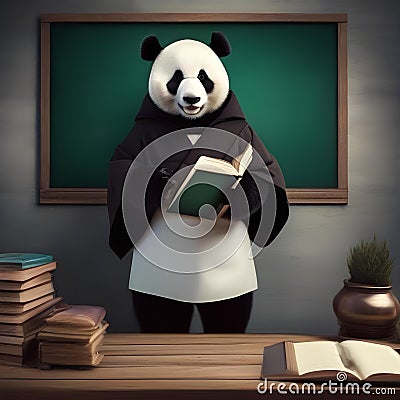 A professorial panda in academic robes, lecturing in front of a tiny chalkboard4 Stock Photo