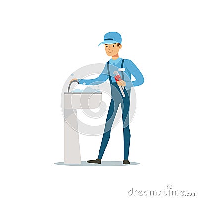 Proffesional plumber man character with monkey wrench repairing faucet tap, plumbing work vector Illustration Vector Illustration