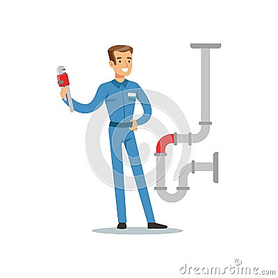 Proffesional plumber man character with monkey wrench repairing pipeline, plumbing work vector Illustration Vector Illustration