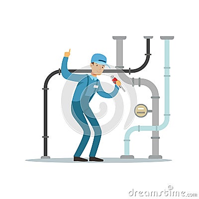 Proffesional plumber man character repairing and fixing water pipes, plumbing work vector Illustration Vector Illustration